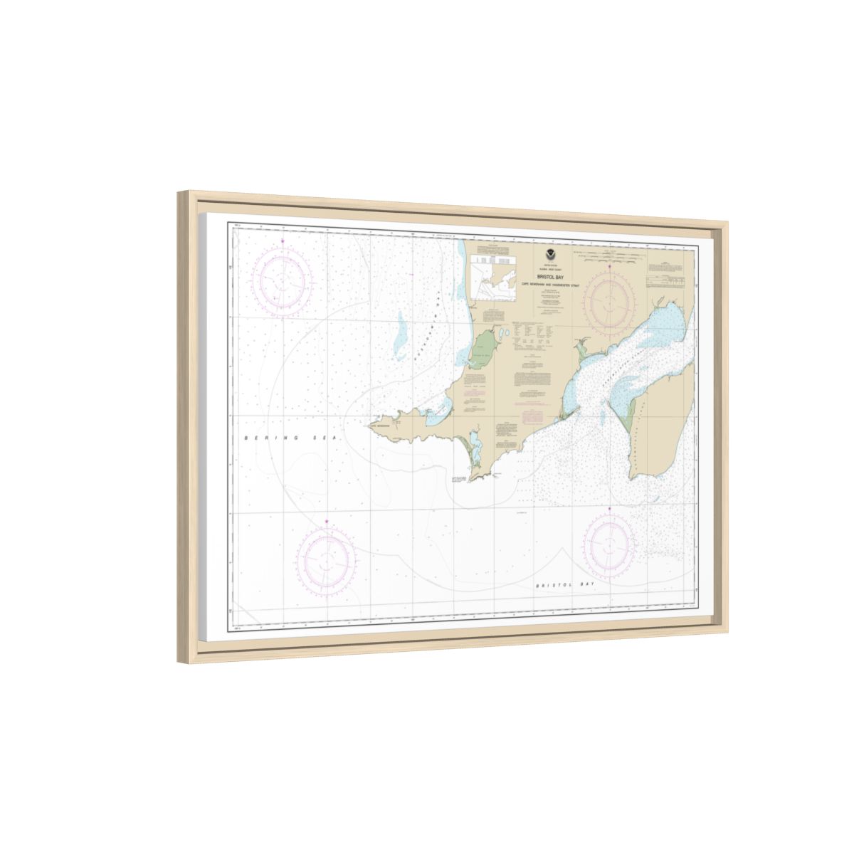 Chart 16305 Bristol Bay-Cape Newenham and Hagemeister Strait - NOAA Nautical Chart Floating Frame Canvas | 30" x 20" | 36" x 24" | 48" x 32" - Natural side