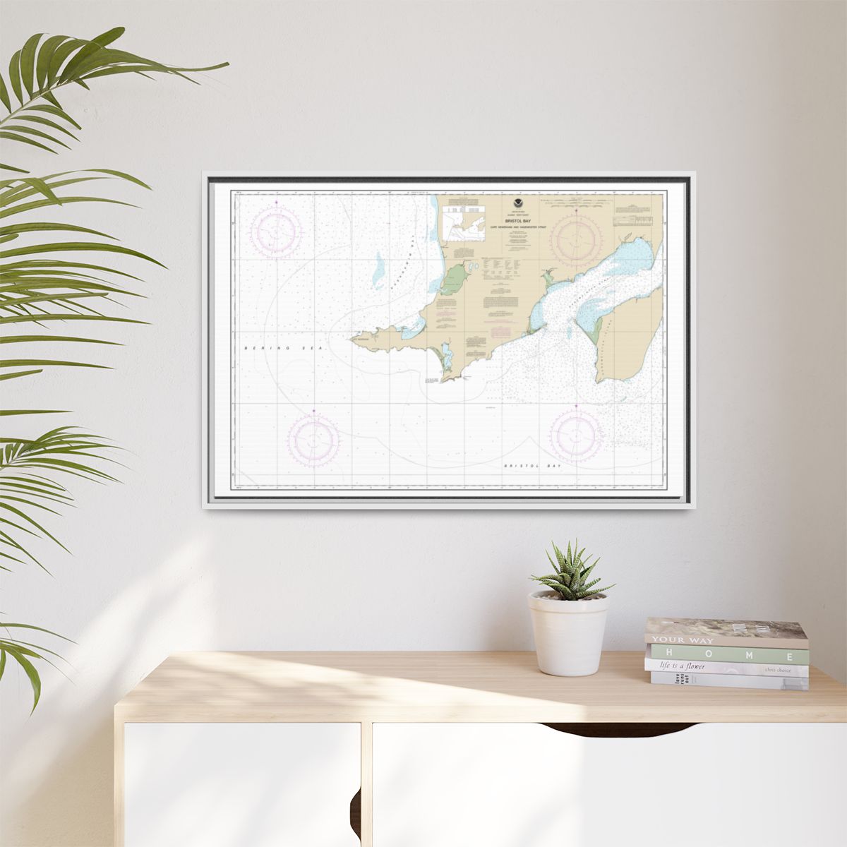 Chart 16305 Bristol Bay-Cape Newenham and Hagemeister Strait - NOAA Nautical Chart Floating Frame Canvas | 30" x 20" | 36" x 24" | 48" x 32" - White context-1