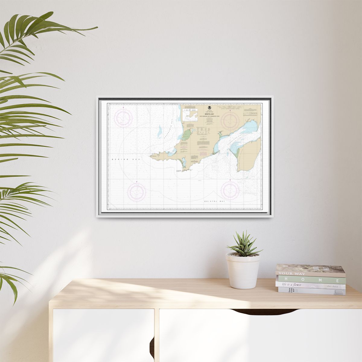 Chart 16305 Bristol Bay-Cape Newenham and Hagemeister Strait - NOAA Nautical Chart Floating Frame Canvas | 30" x 20" | 36" x 24" | 48" x 32" - White context-1