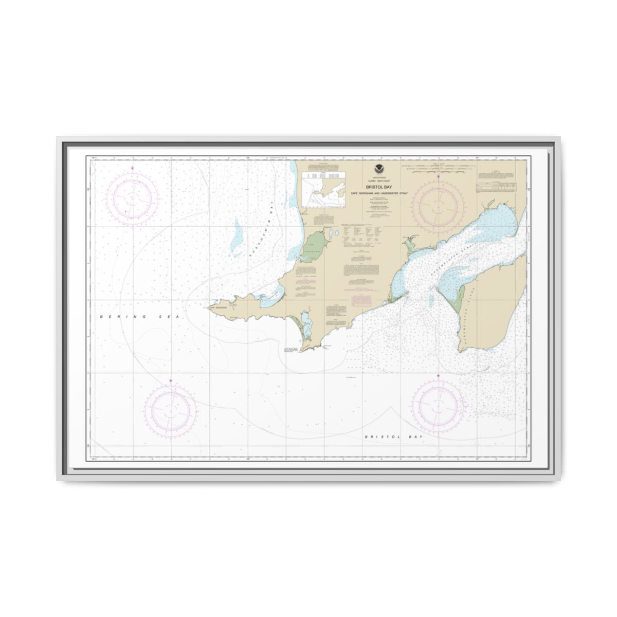 Chart 16305 Bristol Bay-Cape Newenham and Hagemeister Strait - NOAA Nautical Chart Floating Frame Canvas | 30" x 20" | 36" x 24" | 48" x 32" - White front