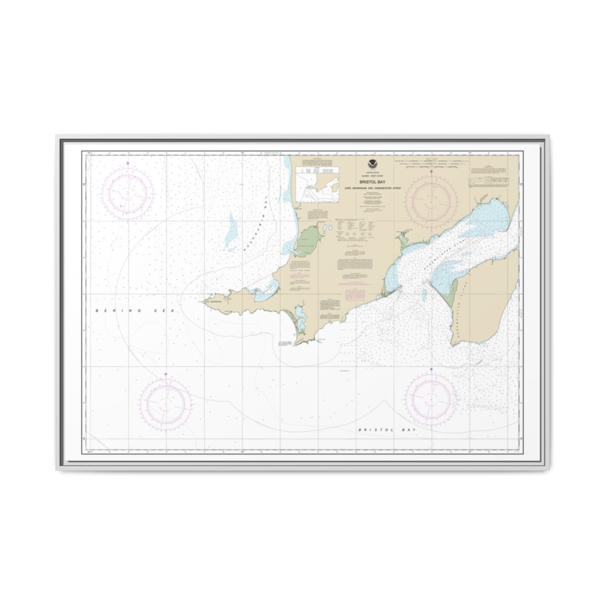 Chart 16305 Bristol Bay-Cape Newenham and Hagemeister Strait - NOAA Nautical Chart Floating Frame Canvas | 30" x 20" | 36" x 24" | 48" x 32" - White front