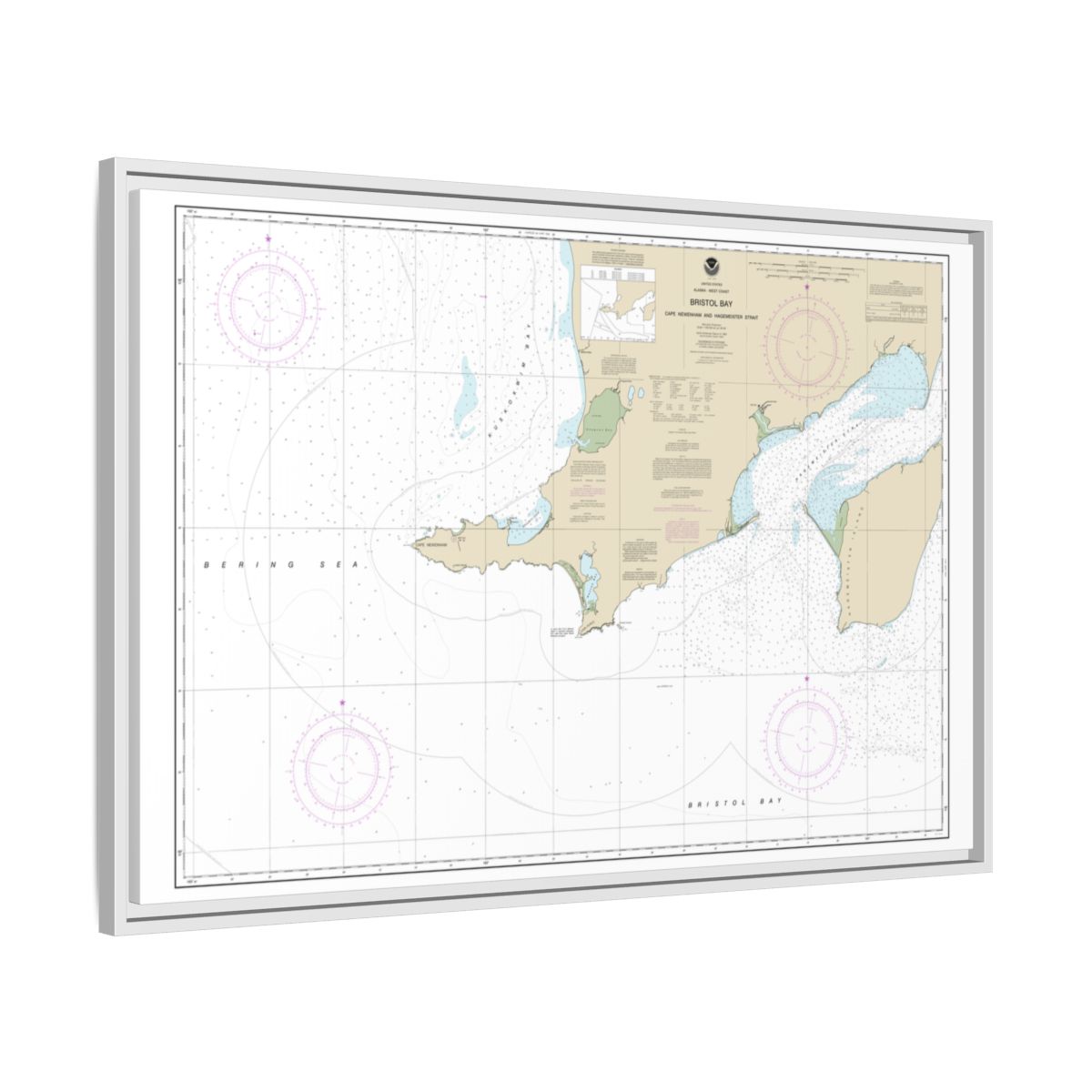 Chart 16305 Bristol Bay-Cape Newenham and Hagemeister Strait - NOAA Nautical Chart Floating Frame Canvas | 30" x 20" | 36" x 24" | 48" x 32" - White side