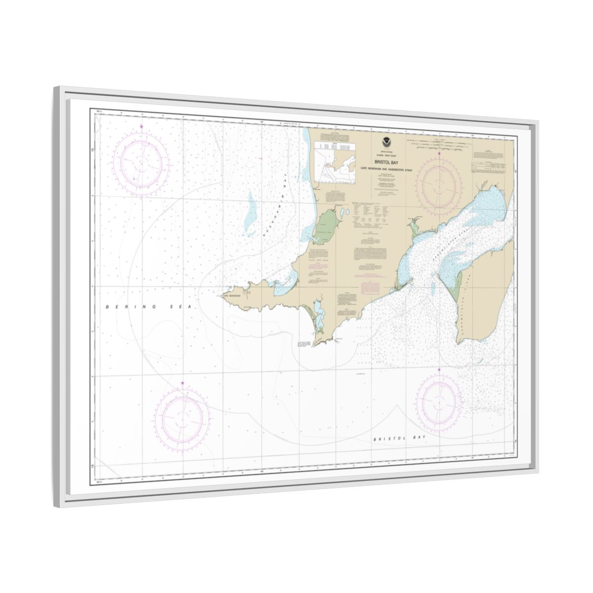 Chart 16305 Bristol Bay-Cape Newenham and Hagemeister Strait - NOAA Nautical Chart Floating Frame Canvas | 30" x 20" | 36" x 24" | 48" x 32" - White side