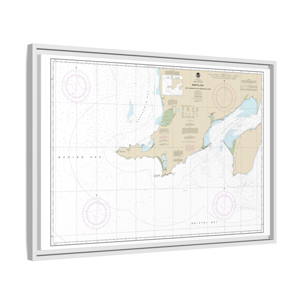 Chart 16305 Bristol Bay-Cape Newenham and Hagemeister Strait - NOAA Nautical Chart Floating Frame Canvas | 30" x 20" | 36" x 24" | 48" x 32" - White side