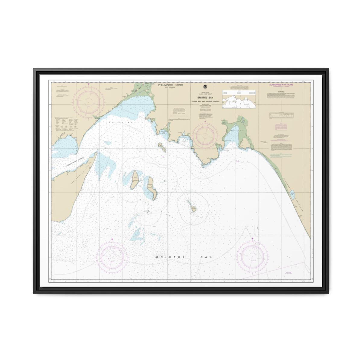 Chart 16315 Bristol Bay-Togiak Bay and Walrus Islands - NOAA Nautical Chart Floating Frame Canvas | 32" x 24" | 40" x 30" - Black front