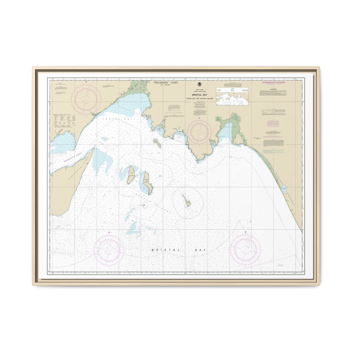 Chart 16315 Bristol Bay-Togiak Bay and Walrus Islands - NOAA Nautical Chart Floating Frame Canvas | 32" x 24" | 40" x 30" - Natural front