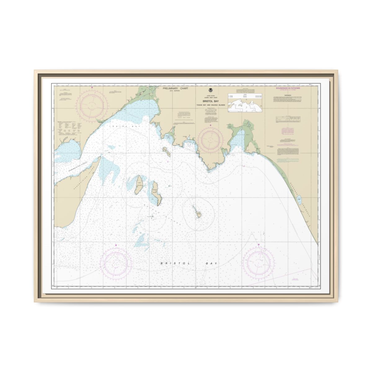 Chart 16315 Bristol Bay-Togiak Bay and Walrus Islands - NOAA Nautical Chart Floating Frame Canvas | 32" x 24" | 40" x 30" - Natural front