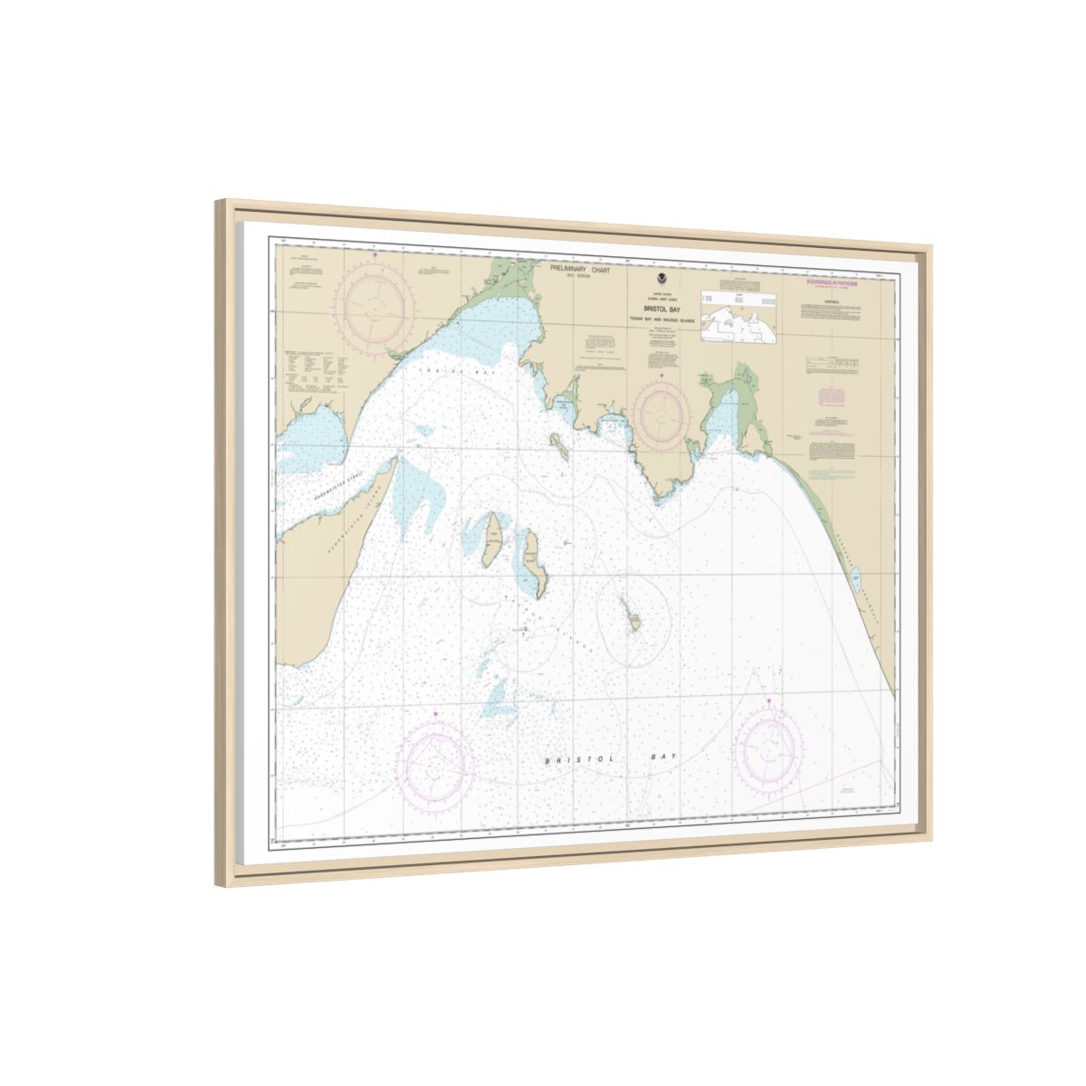 Chart 16315 Bristol Bay-Togiak Bay and Walrus Islands - NOAA Nautical Chart Floating Frame Canvas | 32" x 24" | 40" x 30" - Natural side