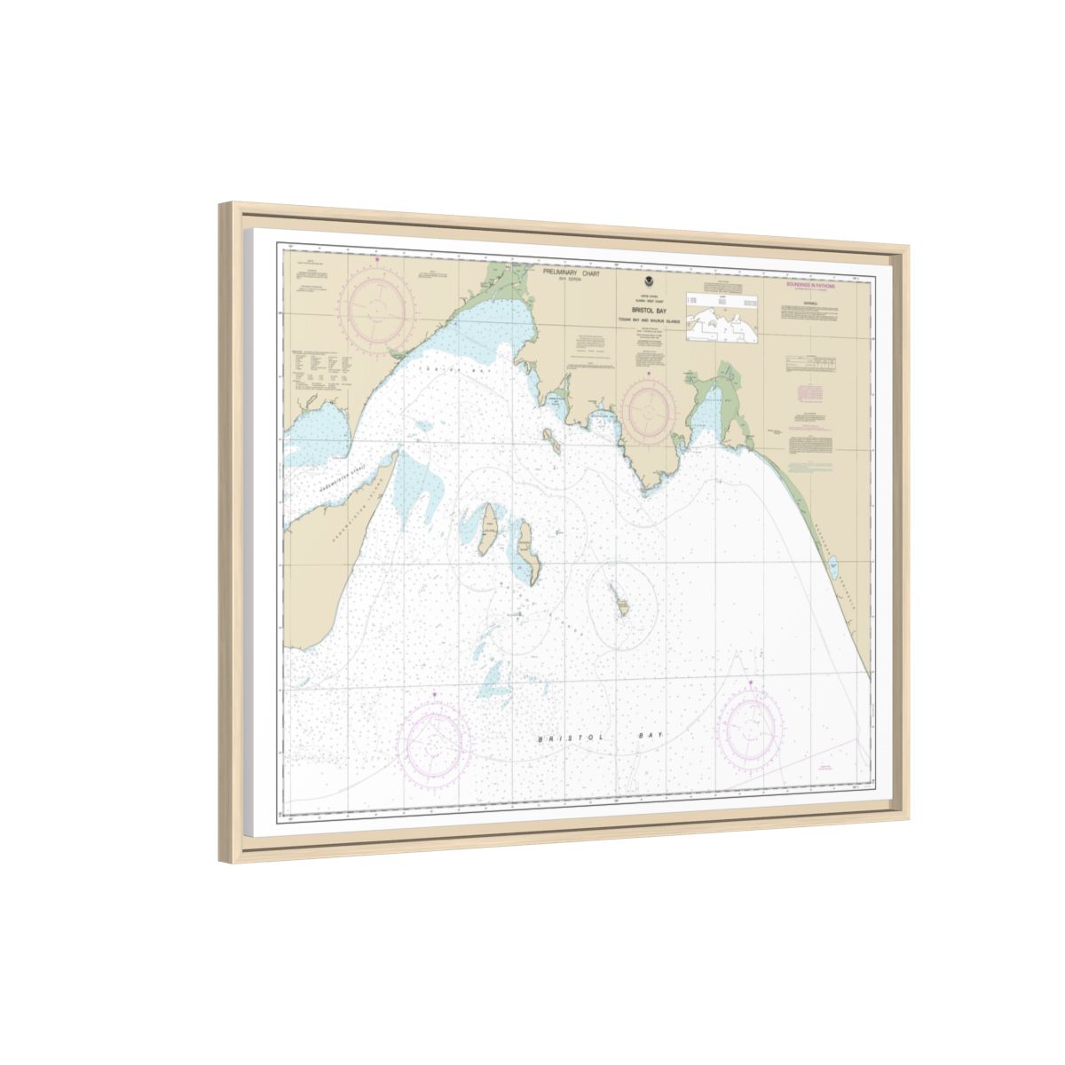 Chart 16315 Bristol Bay-Togiak Bay and Walrus Islands - NOAA Nautical Chart Floating Frame Canvas | 32" x 24" | 40" x 30" - Natural side