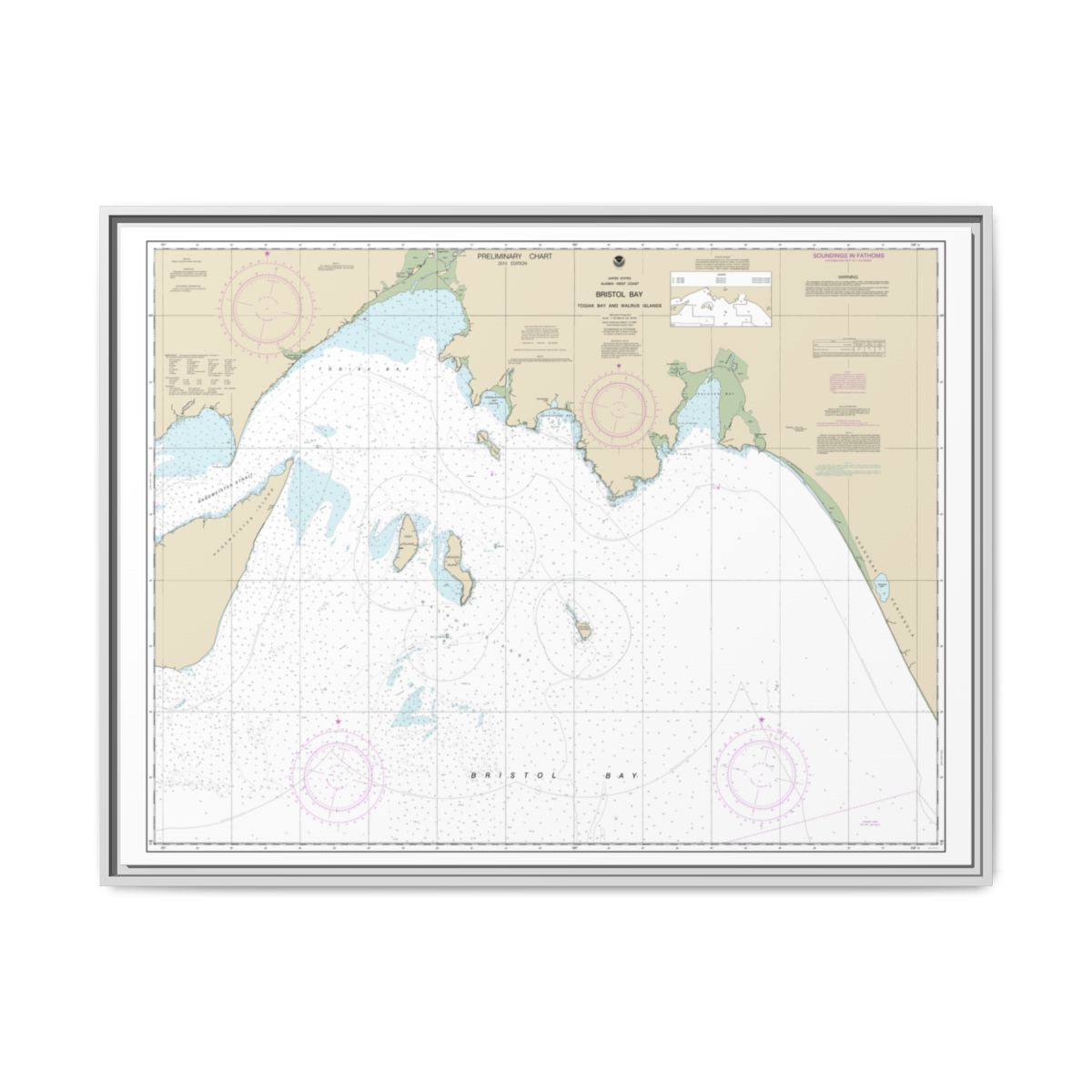 Chart 16315 Bristol Bay-Togiak Bay and Walrus Islands - NOAA Nautical Chart Floating Frame Canvas | 32" x 24" | 40" x 30" - White front