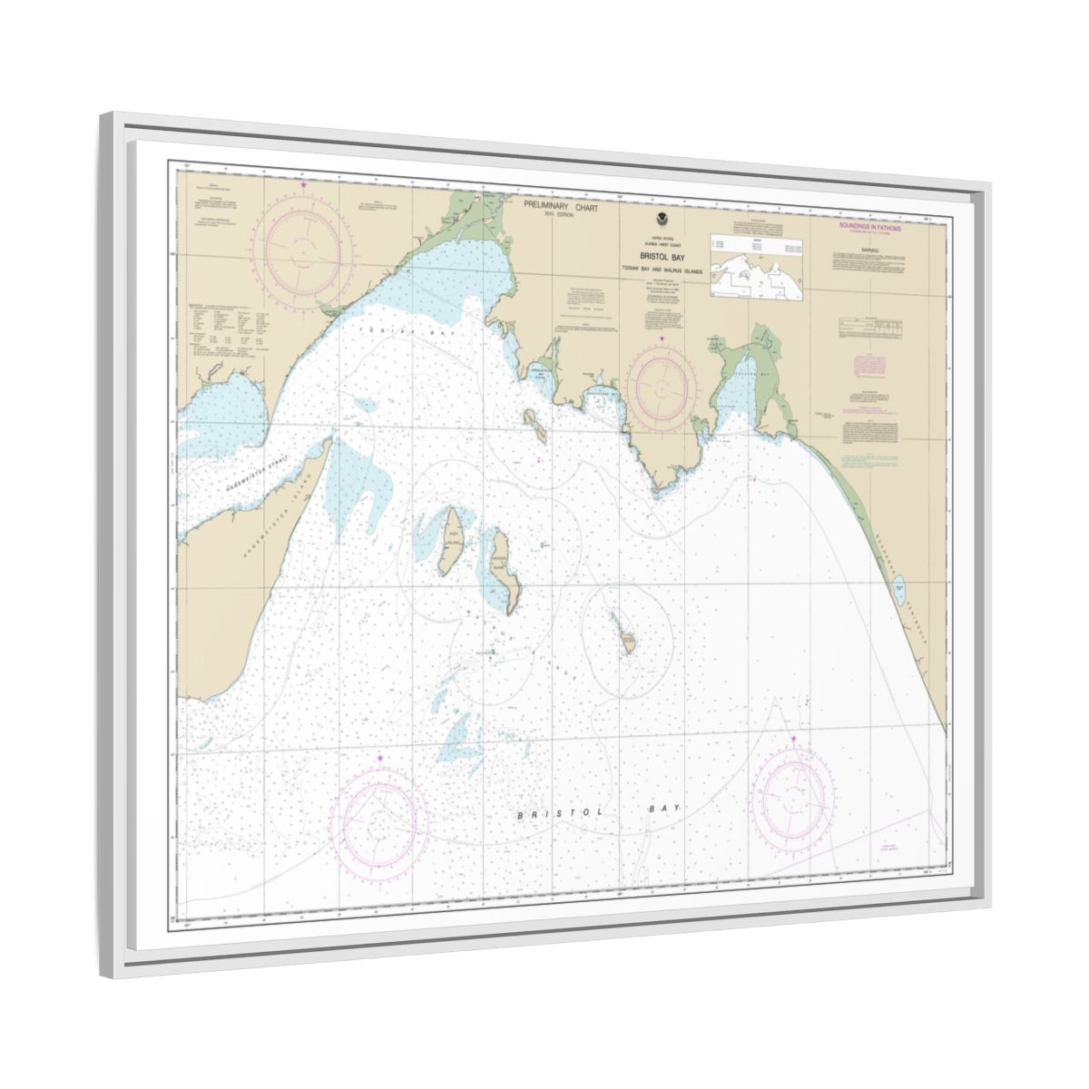 Chart 16315 Bristol Bay-Togiak Bay and Walrus Islands - NOAA Nautical Chart Floating Frame Canvas | 32" x 24" | 40" x 30" - White side
