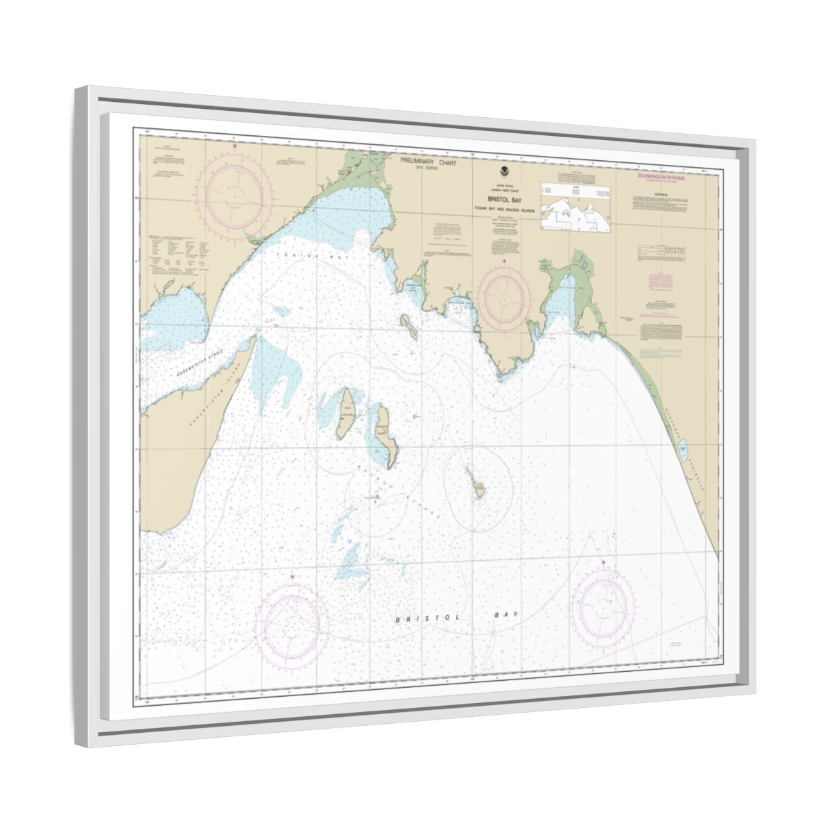 Chart 16315 Bristol Bay-Togiak Bay and Walrus Islands - NOAA Nautical Chart Floating Frame Canvas | 32" x 24" | 40" x 30" - White side