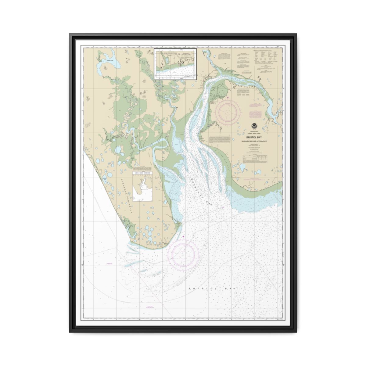Chart 16322 Bristol Bay-Nushagak B and approaches - NOAA Nautical Chart Floating Frame Canvas | 24" x 32" | 30" x 40" - Black front