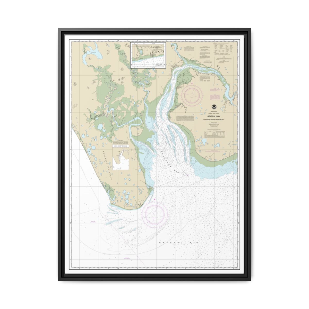 Chart 16322 Bristol Bay-Nushagak B and approaches - NOAA Nautical Chart Floating Frame Canvas | 24" x 32" | 30" x 40" - Black front