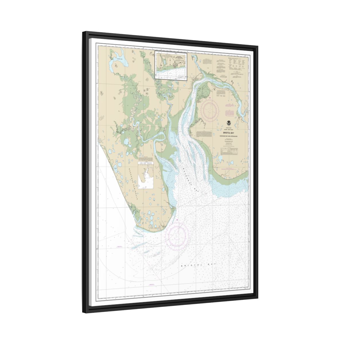 Chart 16322 Bristol Bay-Nushagak B and approaches - NOAA Nautical Chart Floating Frame Canvas | 24" x 32" | 30" x 40" - Black side