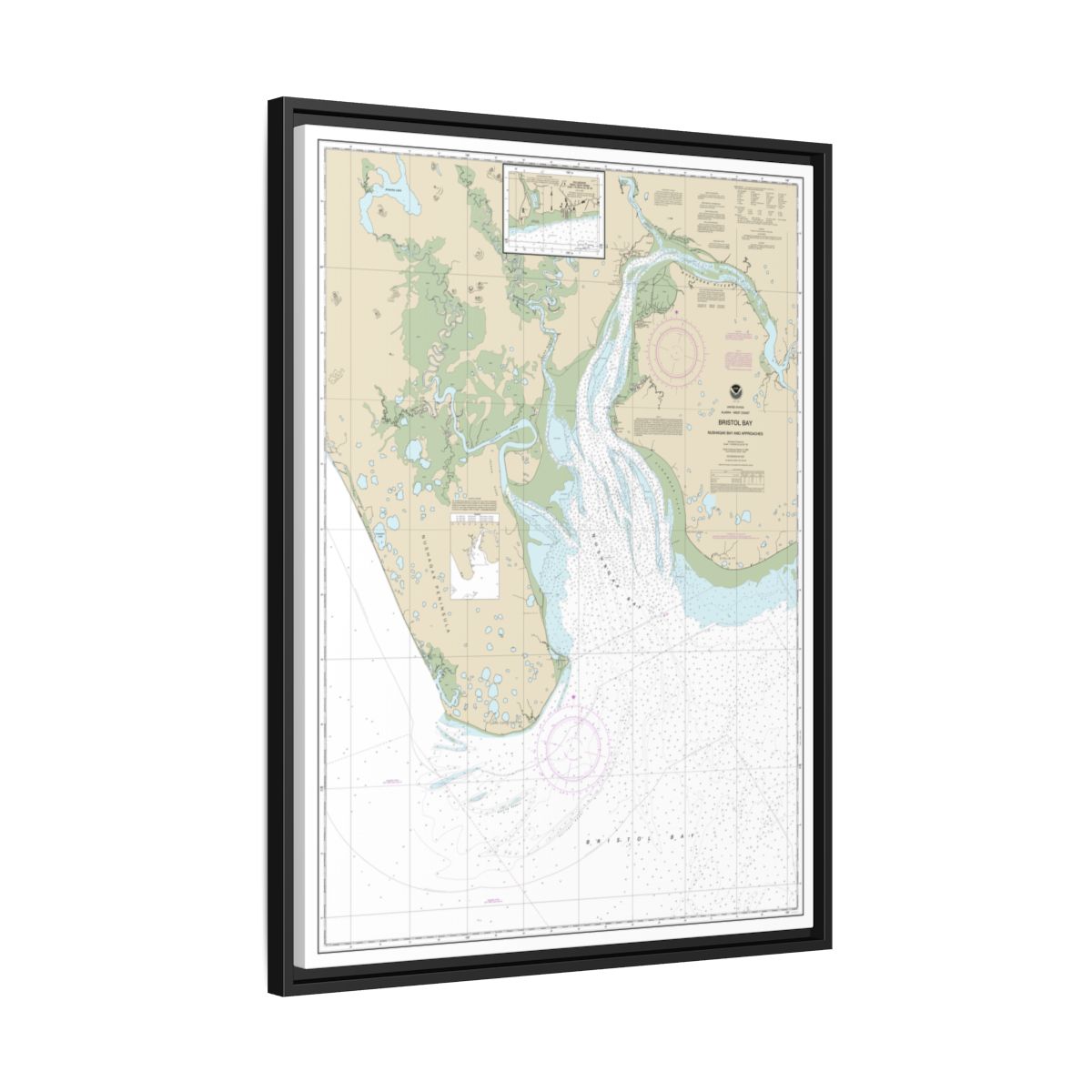 Chart 16322 Bristol Bay-Nushagak B and approaches - NOAA Nautical Chart Floating Frame Canvas | 24" x 32" | 30" x 40" - Black side