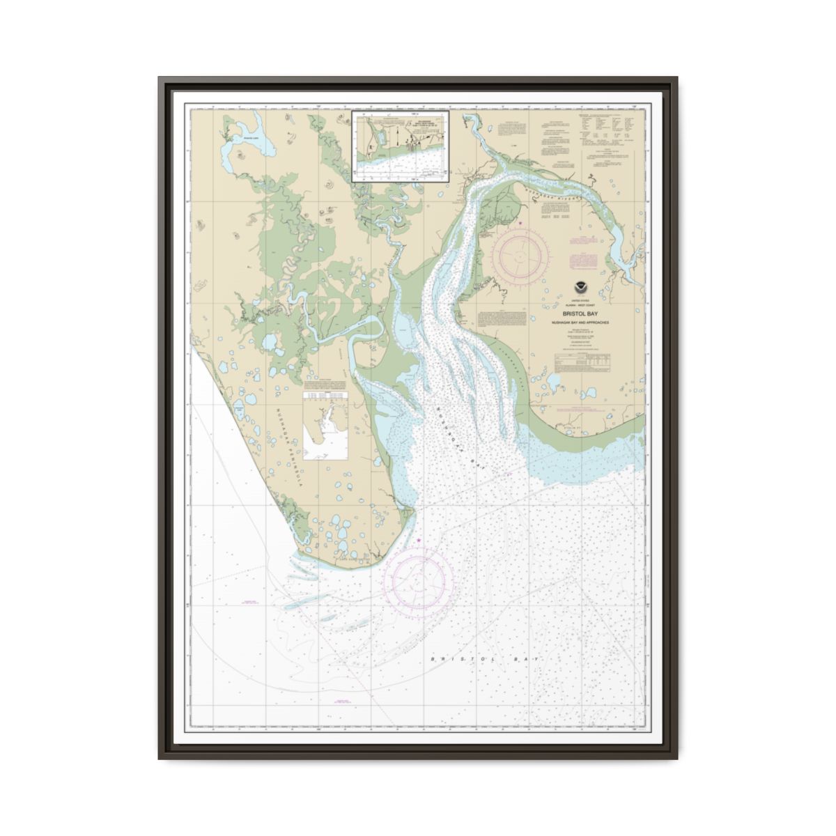 Chart 16322 Bristol Bay-Nushagak B and approaches - NOAA Nautical Chart Floating Frame Canvas | 24" x 32" | 30" x 40" - Espresso front