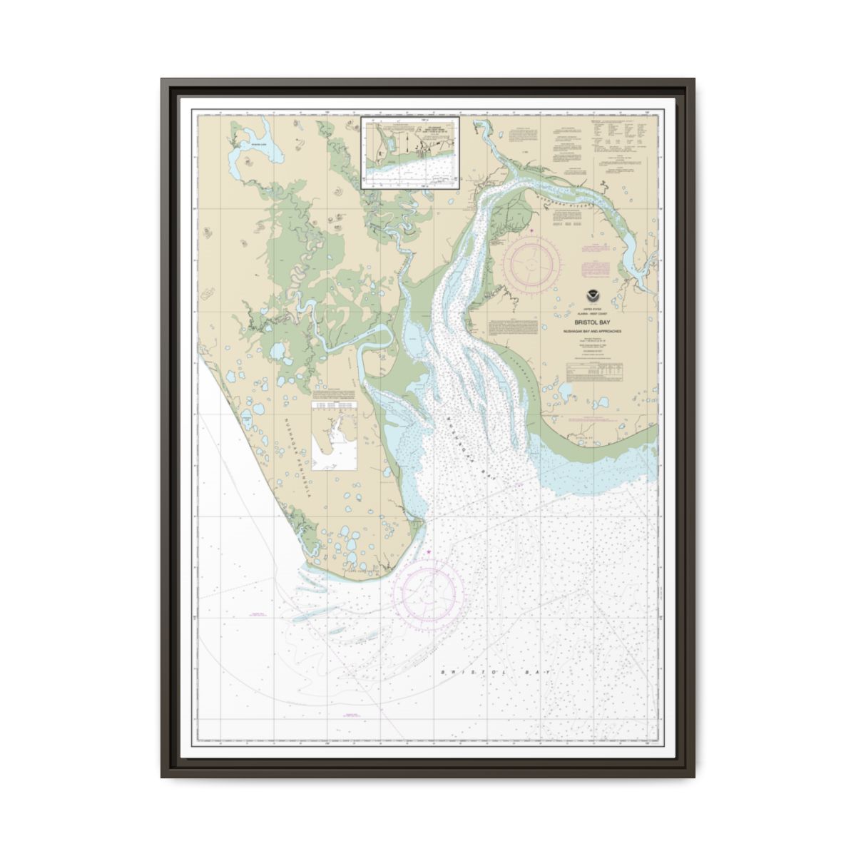 Chart 16322 Bristol Bay-Nushagak B and approaches - NOAA Nautical Chart Floating Frame Canvas | 24" x 32" | 30" x 40" - Espresso front