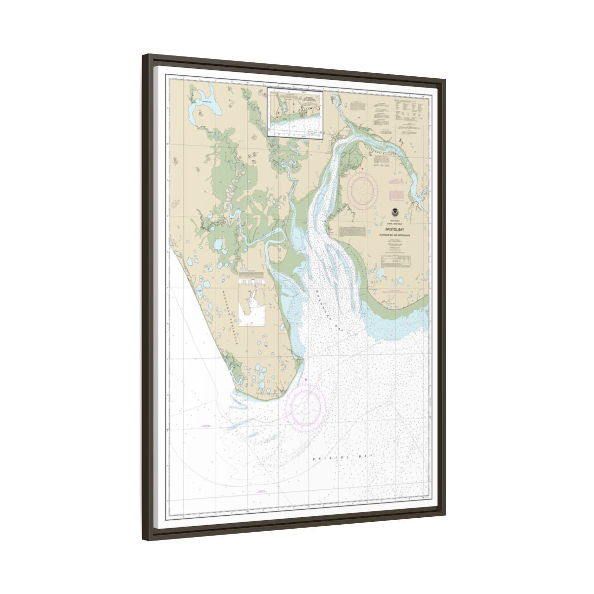 Chart 16322 Bristol Bay-Nushagak B and approaches - NOAA Nautical Chart Floating Frame Canvas | 24" x 32" | 30" x 40" - Espresso side