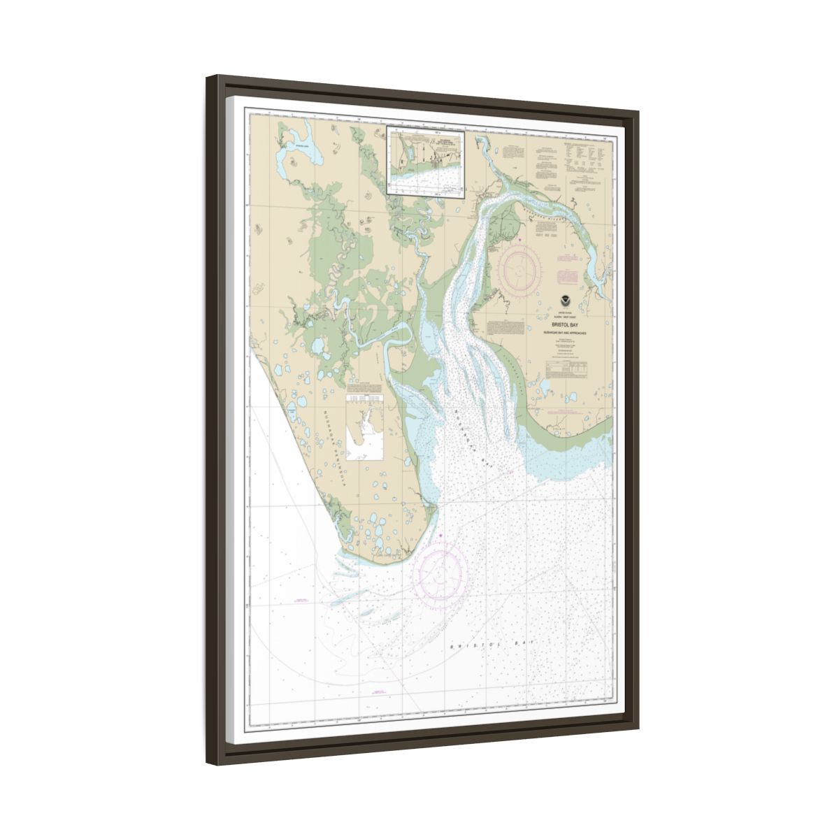 Chart 16322 Bristol Bay-Nushagak B and approaches - NOAA Nautical Chart Floating Frame Canvas | 24" x 32" | 30" x 40" - Espresso side