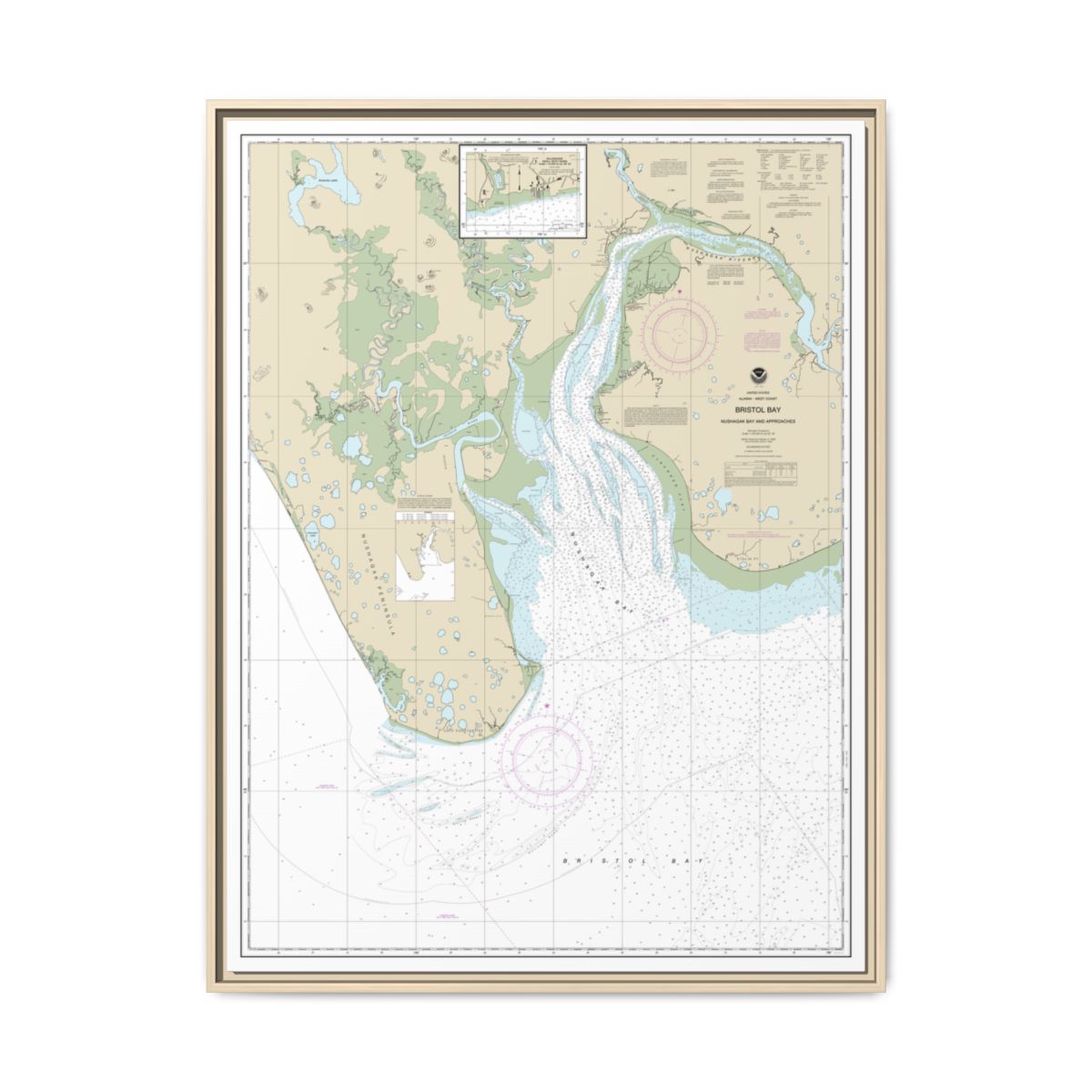 Chart 16322 Bristol Bay-Nushagak B and approaches - NOAA Nautical Chart Floating Frame Canvas | 24" x 32" | 30" x 40" - Natural front