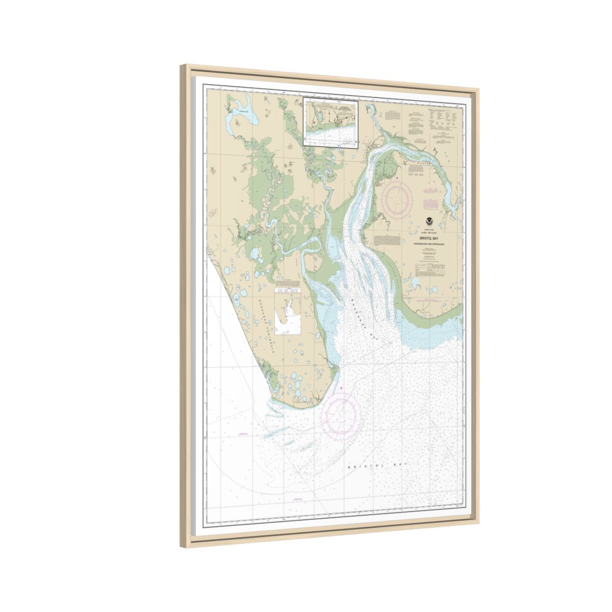 Chart 16322 Bristol Bay-Nushagak B and approaches - NOAA Nautical Chart Floating Frame Canvas | 24" x 32" | 30" x 40" - Natural side