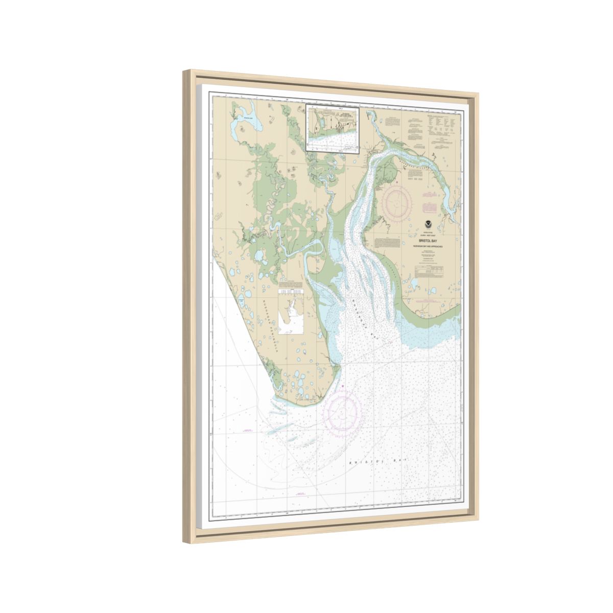 Chart 16322 Bristol Bay-Nushagak B and approaches - NOAA Nautical Chart Floating Frame Canvas | 24" x 32" | 30" x 40" - Natural side