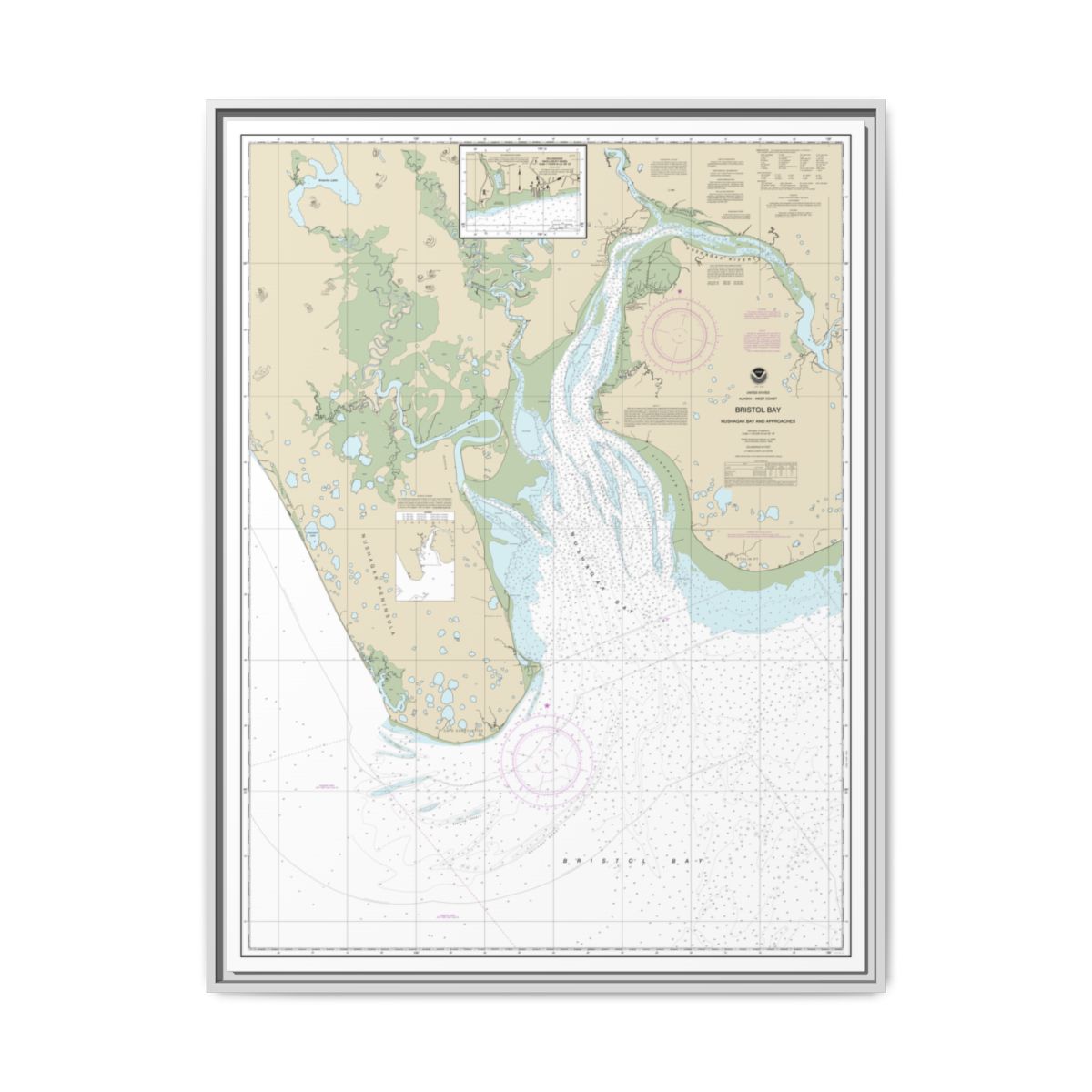 Chart 16322 Bristol Bay-Nushagak B and approaches - NOAA Nautical Chart Floating Frame Canvas | 24" x 32" | 30" x 40" - White front