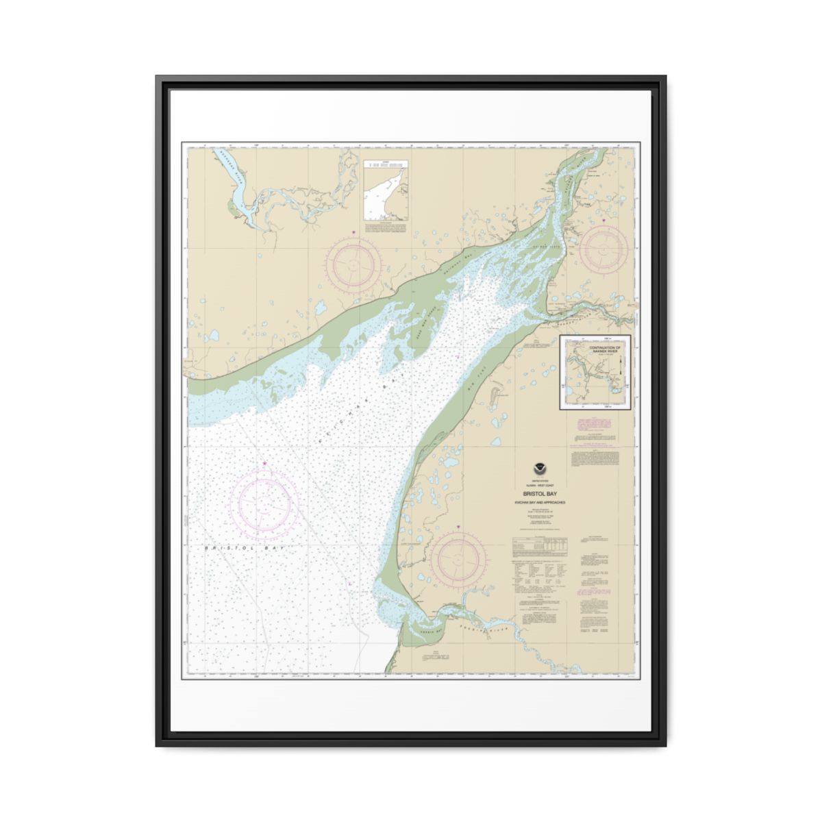 Chart 16323 Bristol Bay-Kvichak Bay and approaches - NOAA Nautical Chart Floating Frame Canvas | 24" x 32" | 30" x 40" - Black front