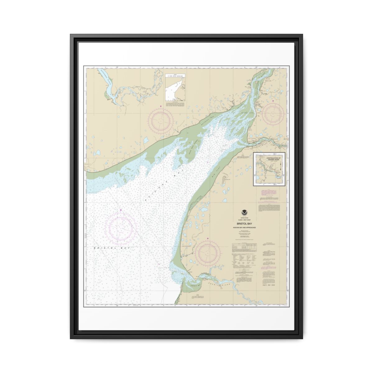 Chart 16323 Bristol Bay-Kvichak Bay and approaches - NOAA Nautical Chart Floating Frame Canvas | 24" x 32" | 30" x 40" - Black front