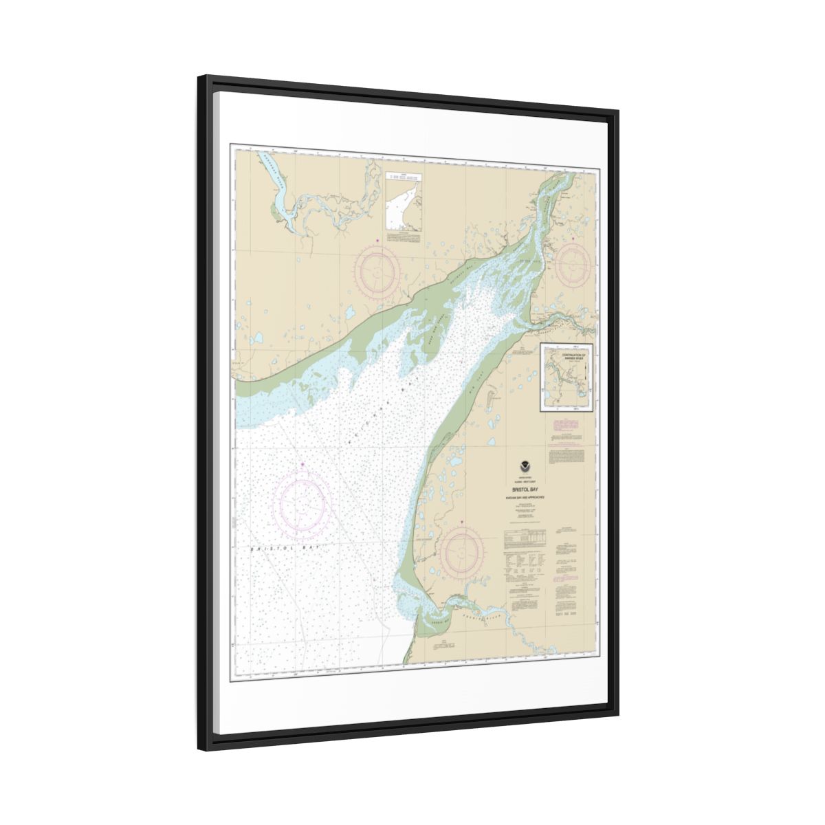 Chart 16323 Bristol Bay-Kvichak Bay and approaches - NOAA Nautical Chart Floating Frame Canvas | 24" x 32" | 30" x 40" - Black side