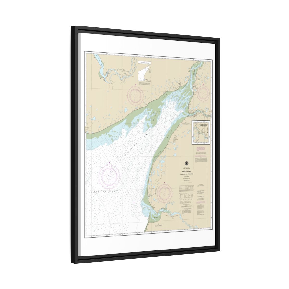 Chart 16323 Bristol Bay-Kvichak Bay and approaches - NOAA Nautical Chart Floating Frame Canvas | 24" x 32" | 30" x 40" - Black side