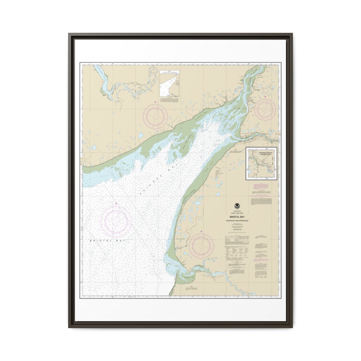 Chart 16323 Bristol Bay-Kvichak Bay and approaches - NOAA Nautical Chart Floating Frame Canvas | 24" x 32" | 30" x 40" - Espresso front