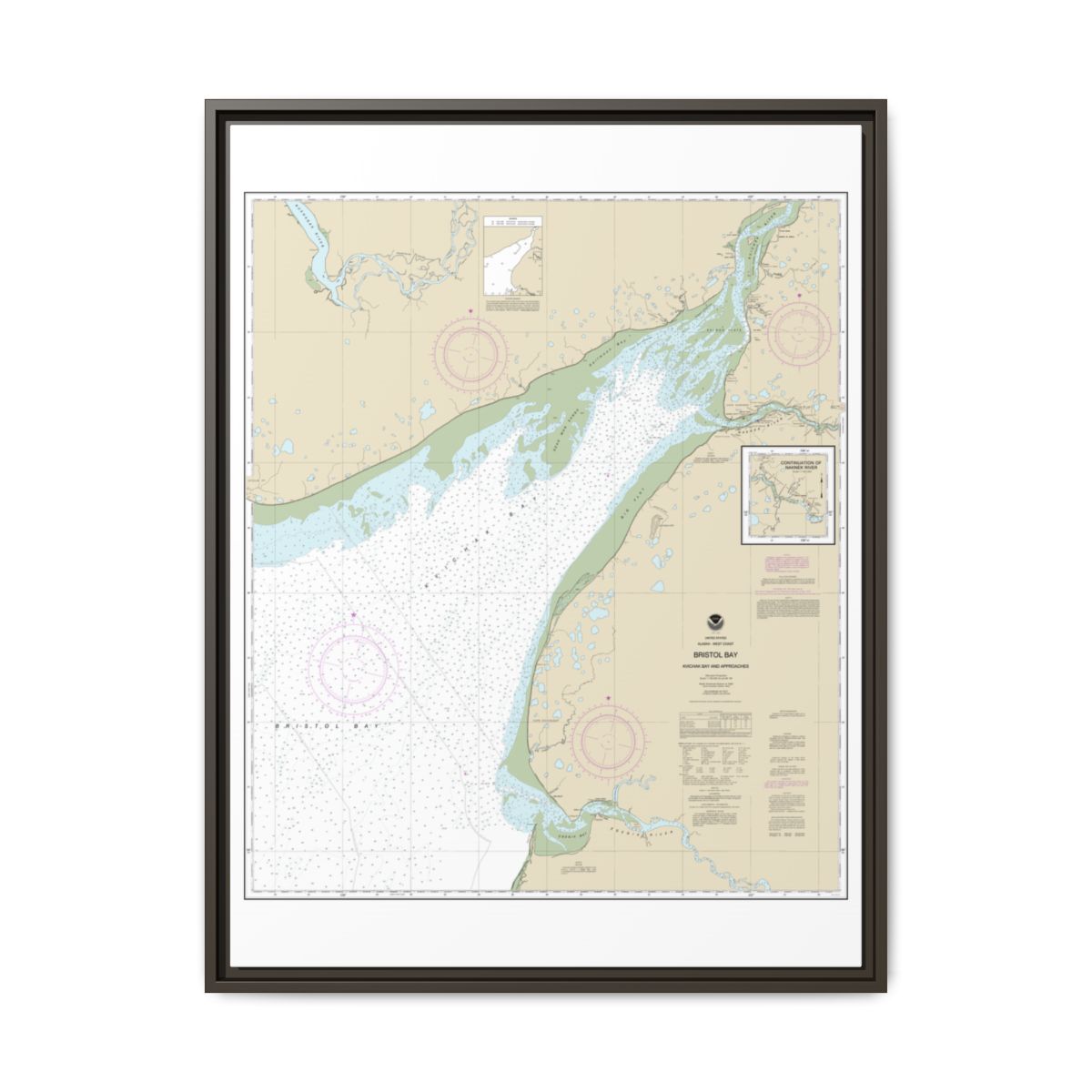 Chart 16323 Bristol Bay-Kvichak Bay and approaches - NOAA Nautical Chart Floating Frame Canvas | 24" x 32" | 30" x 40" - Espresso front