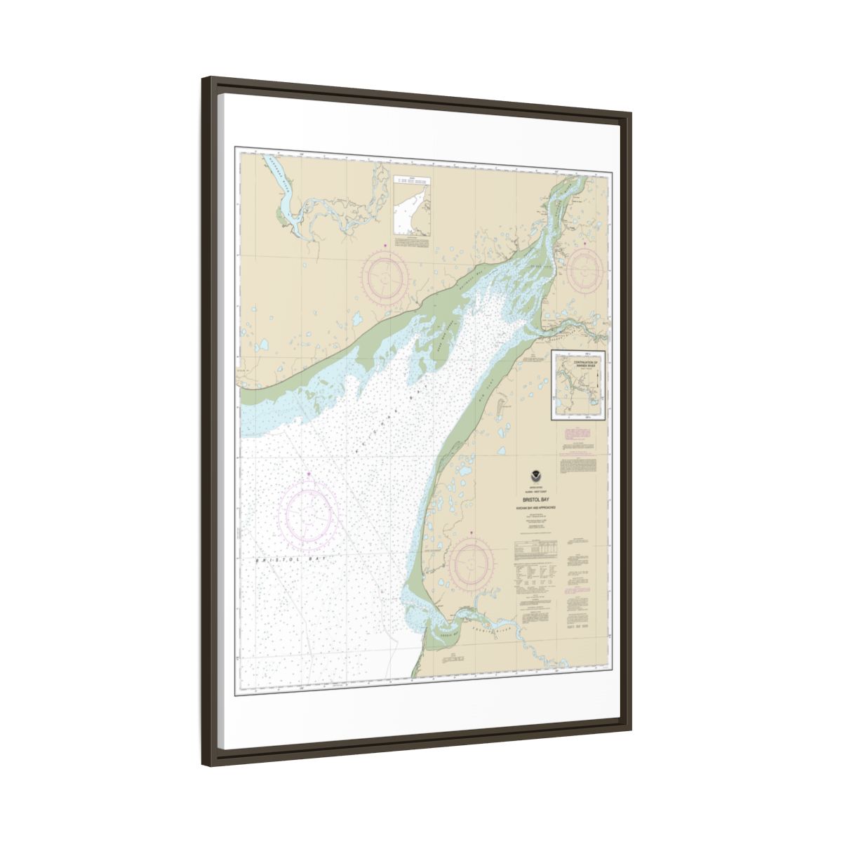 Chart 16323 Bristol Bay-Kvichak Bay and approaches - NOAA Nautical Chart Floating Frame Canvas | 24" x 32" | 30" x 40" - Espresso side