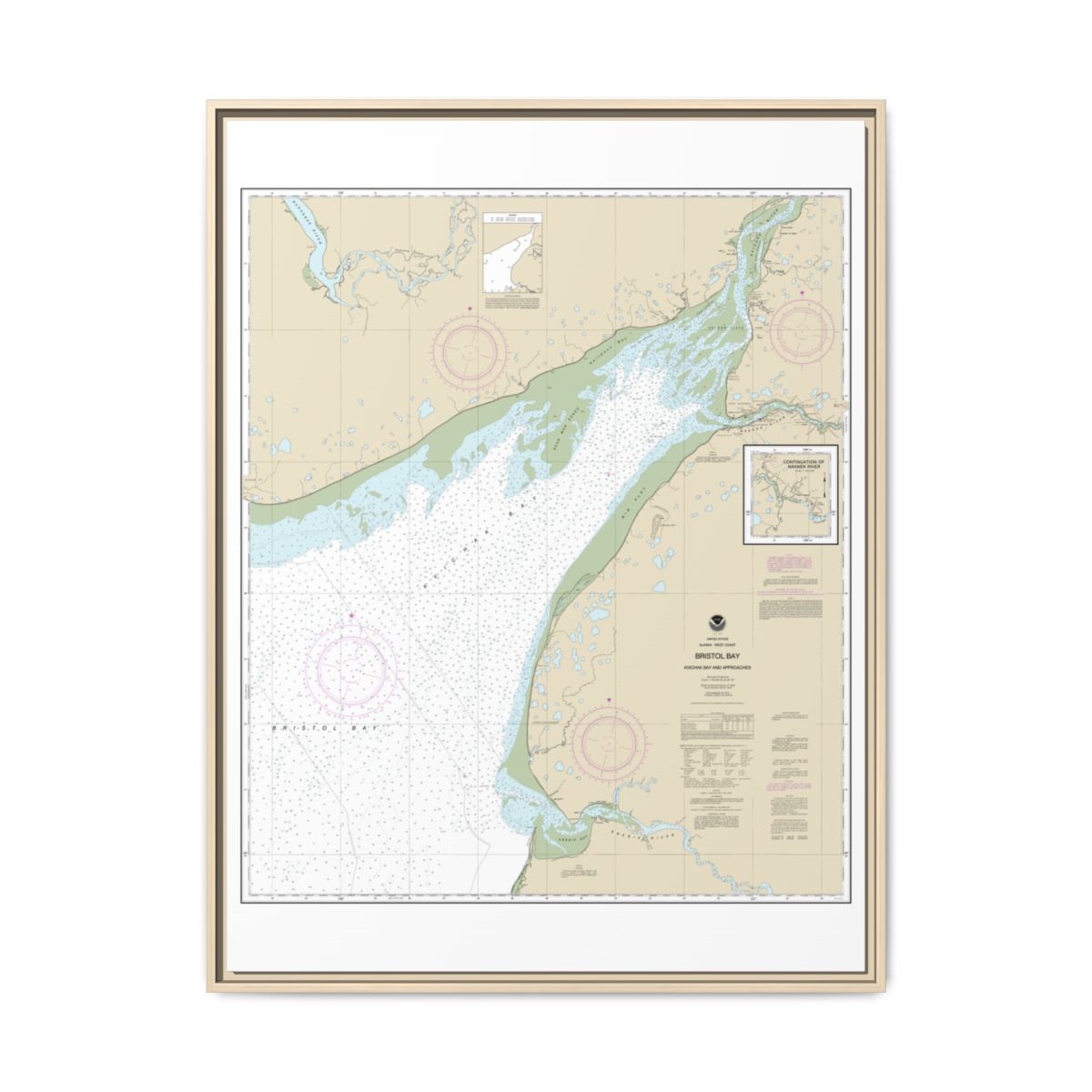 Chart 16323 Bristol Bay-Kvichak Bay and approaches - NOAA Nautical Chart Floating Frame Canvas | 24" x 32" | 30" x 40" - Natural front