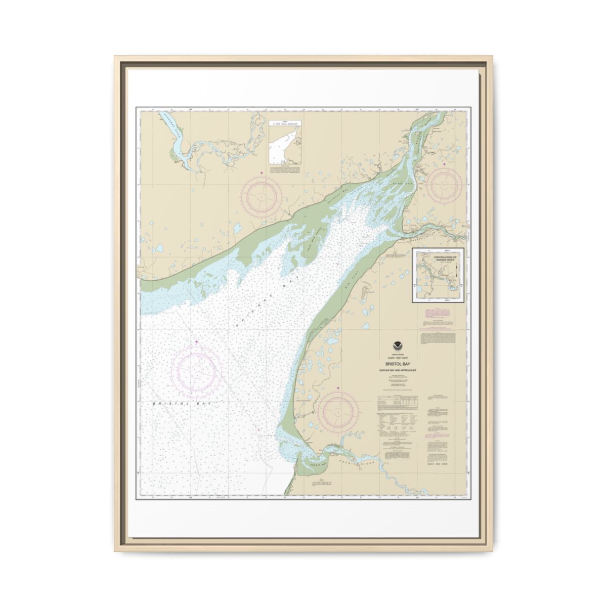 Chart 16323 Bristol Bay-Kvichak Bay and approaches - NOAA Nautical Chart Floating Frame Canvas | 24" x 32" | 30" x 40" - Natural front