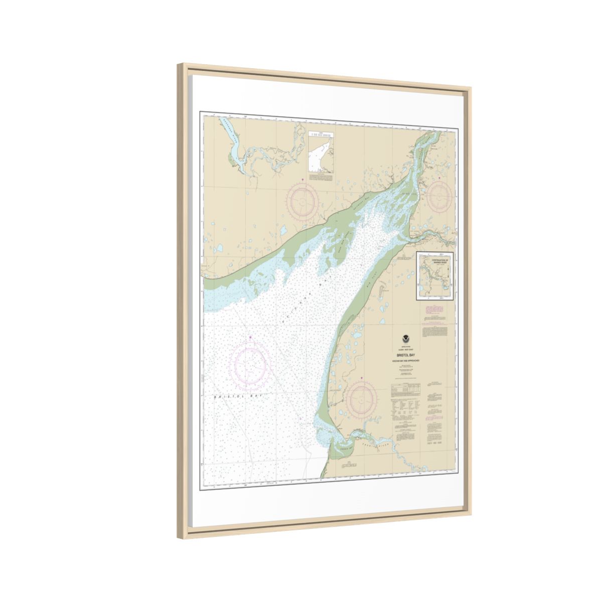 Chart 16323 Bristol Bay-Kvichak Bay and approaches - NOAA Nautical Chart Floating Frame Canvas | 24" x 32" | 30" x 40" - Natural side