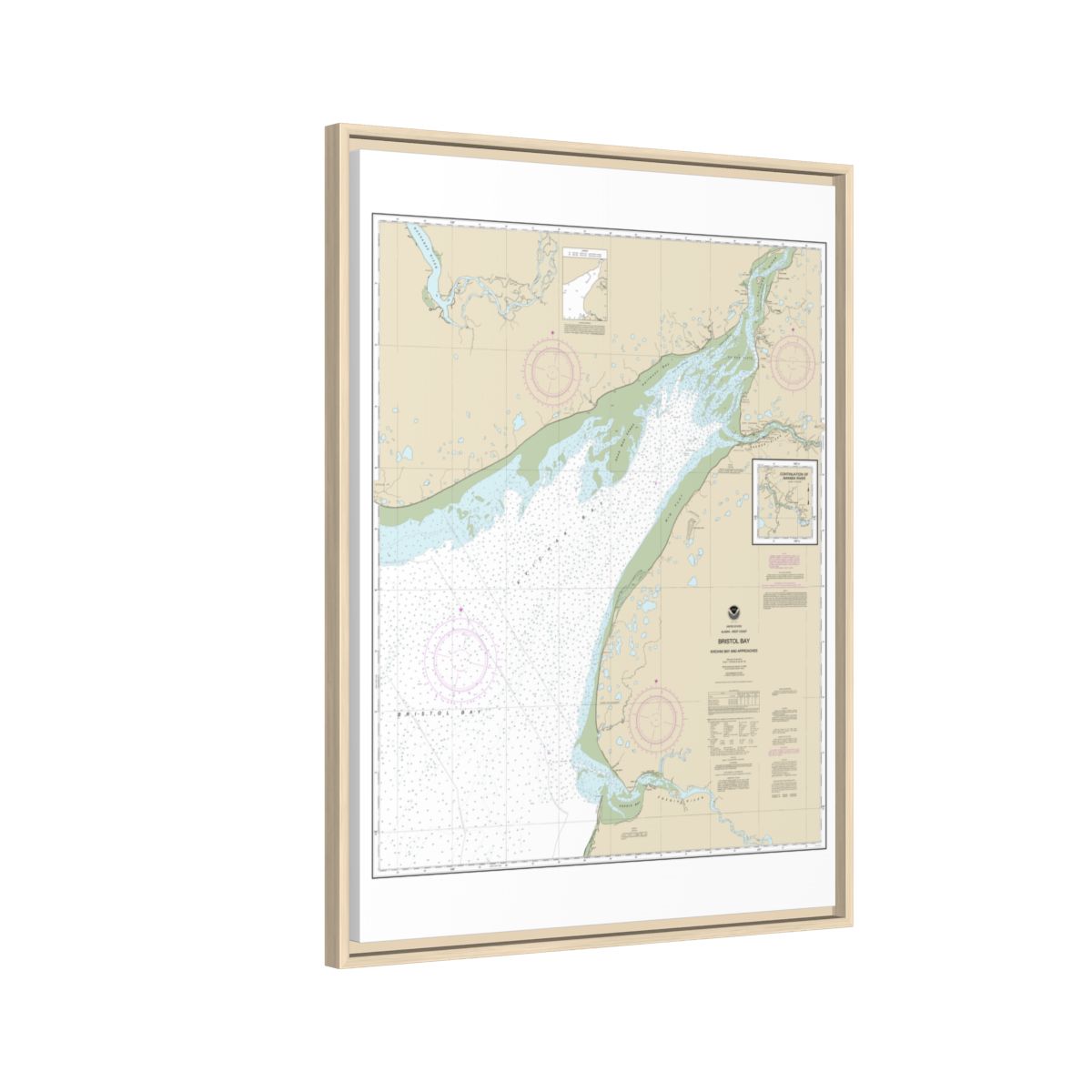 Chart 16323 Bristol Bay-Kvichak Bay and approaches - NOAA Nautical Chart Floating Frame Canvas | 24" x 32" | 30" x 40" - Natural side