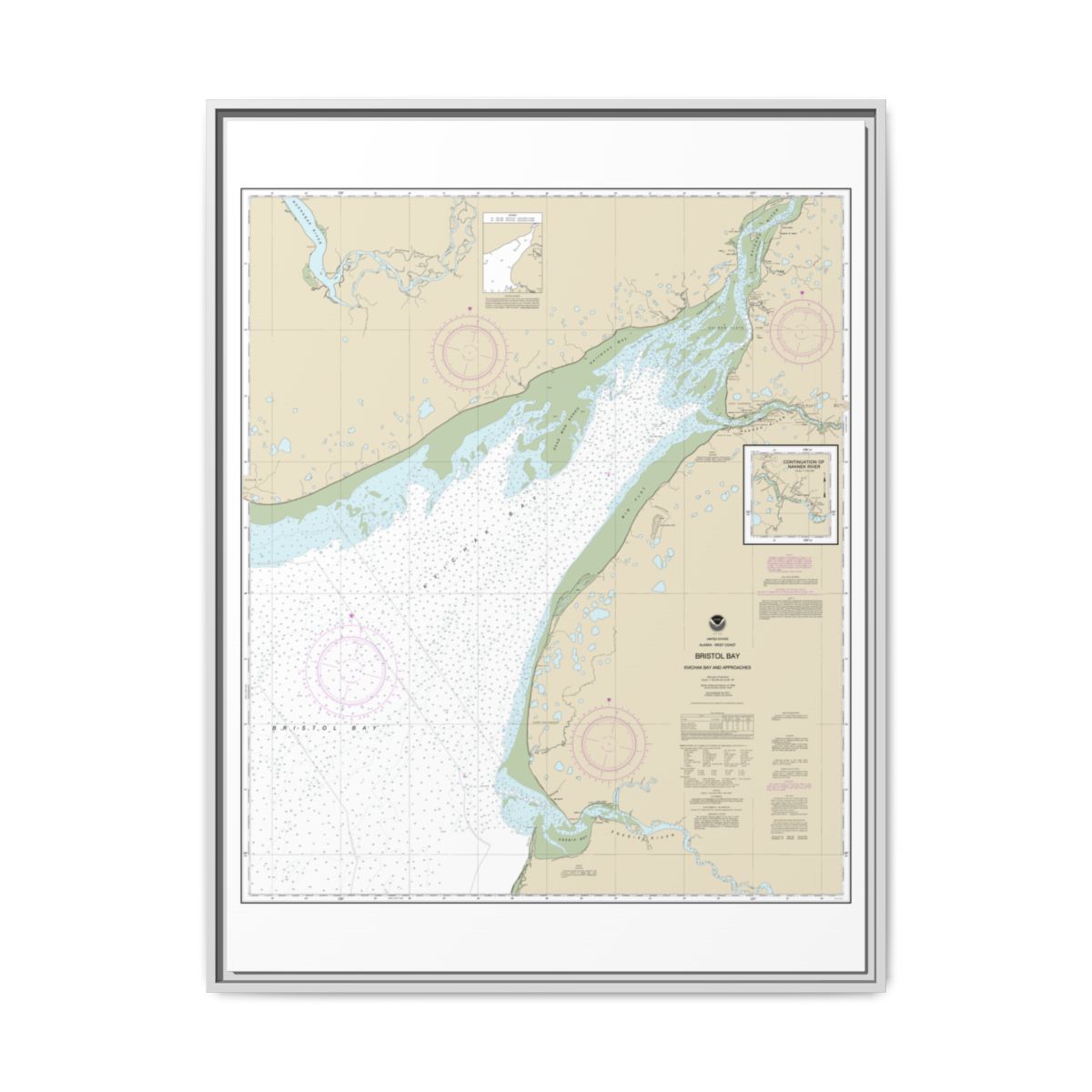 Chart 16323 Bristol Bay-Kvichak Bay and approaches - NOAA Nautical Chart Floating Frame Canvas | 24" x 32" | 30" x 40" - White front