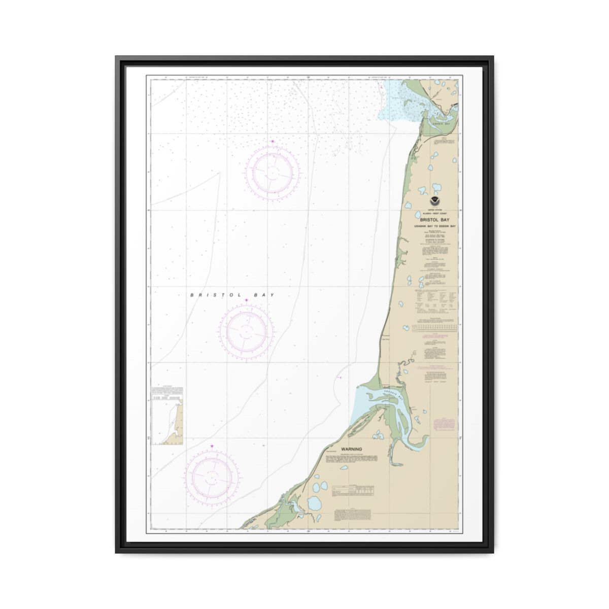 Chart 16338 Bristol Bay-Ugashik Bay to Egegik Bay - NOAA Nautical Chart Floating Frame Canvas | 24" x 32" | 30" x 40" - Black front