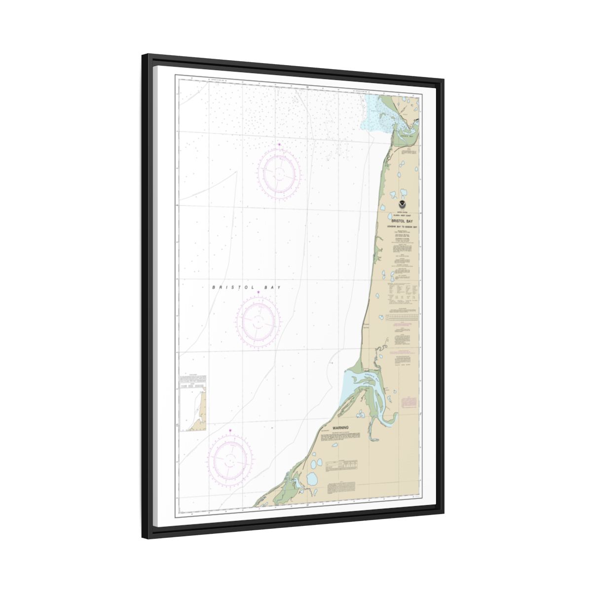 Chart 16338 Bristol Bay-Ugashik Bay to Egegik Bay - NOAA Nautical Chart Floating Frame Canvas | 24" x 32" | 30" x 40" - Black side
