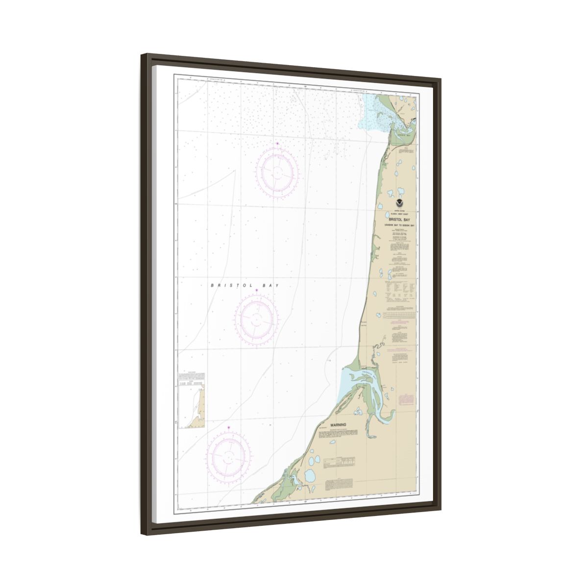 Chart 16338 Bristol Bay-Ugashik Bay to Egegik Bay - NOAA Nautical Chart Floating Frame Canvas | 24" x 32" | 30" x 40" - Espresso side
