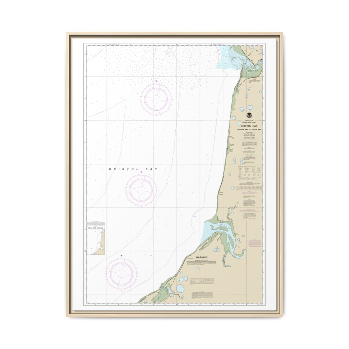 Chart 16338 Bristol Bay-Ugashik Bay to Egegik Bay - NOAA Nautical Chart Floating Frame Canvas | 24" x 32" | 30" x 40" - Natural front
