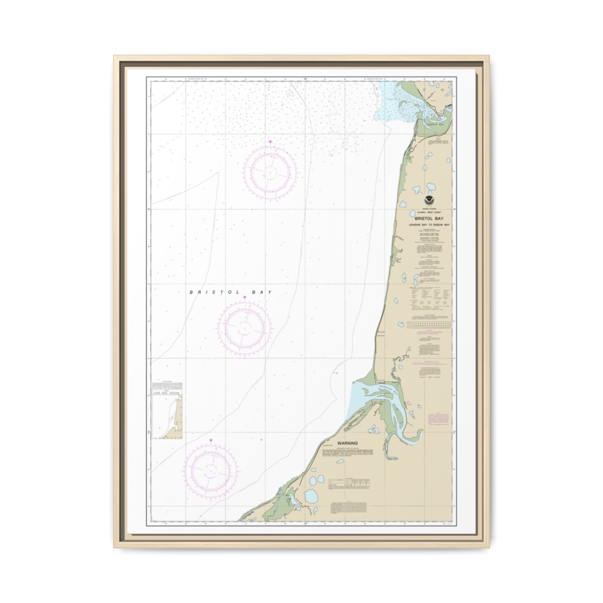 Chart 16338 Bristol Bay-Ugashik Bay to Egegik Bay - NOAA Nautical Chart Floating Frame Canvas | 24" x 32" | 30" x 40" - Natural front
