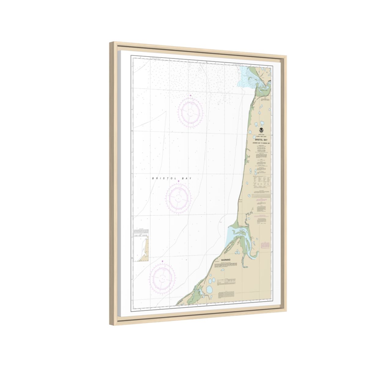 Chart 16338 Bristol Bay-Ugashik Bay to Egegik Bay - NOAA Nautical Chart Floating Frame Canvas | 24" x 32" | 30" x 40" - Natural side