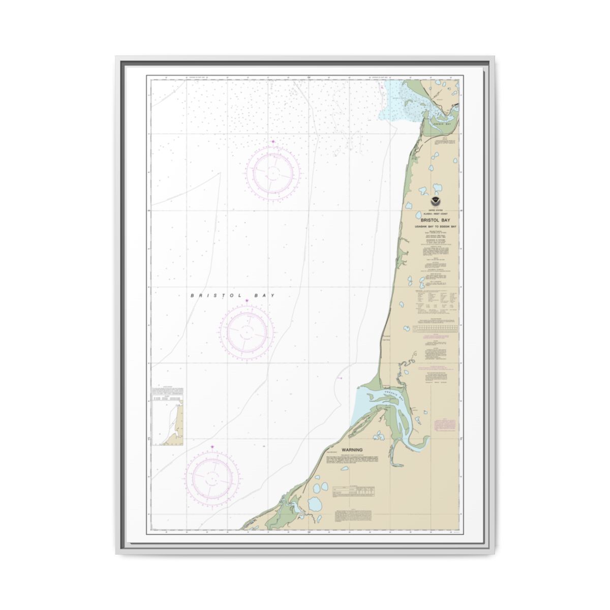 Chart 16338 Bristol Bay-Ugashik Bay to Egegik Bay - NOAA Nautical Chart Floating Frame Canvas | 24" x 32" | 30" x 40" - White front