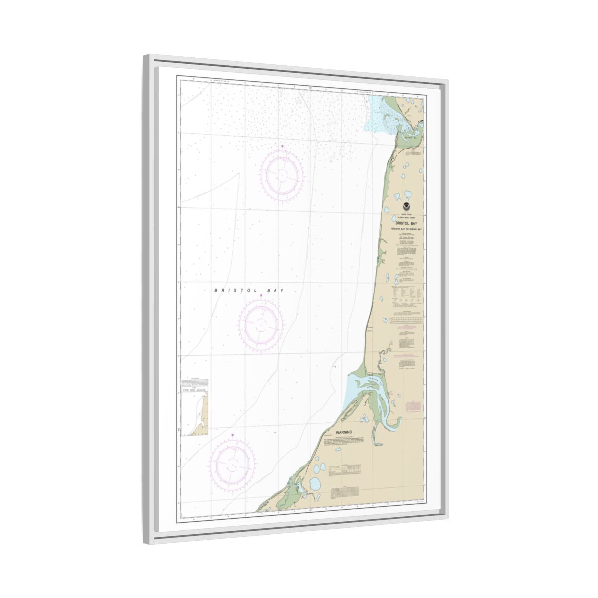 Chart 16338 Bristol Bay-Ugashik Bay to Egegik Bay - NOAA Nautical Chart Floating Frame Canvas | 24" x 32" | 30" x 40" - White side