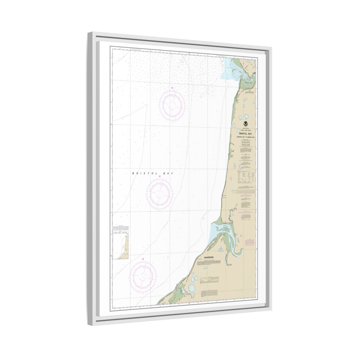 Chart 16338 Bristol Bay-Ugashik Bay to Egegik Bay - NOAA Nautical Chart Floating Frame Canvas | 24" x 32" | 30" x 40" - White side
