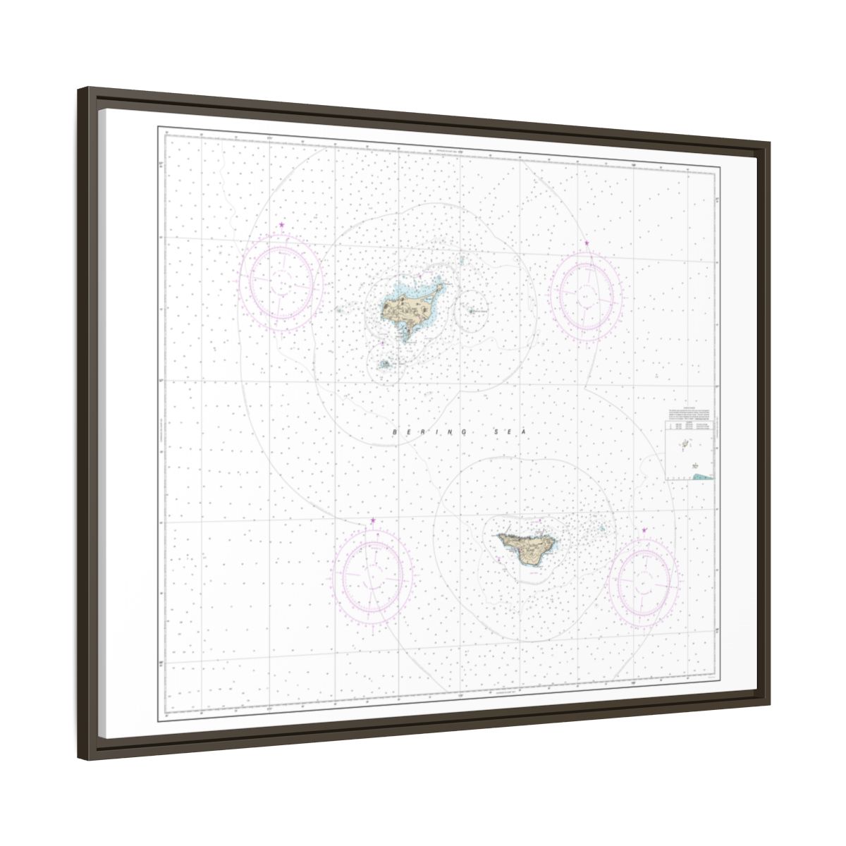 Chart 16380 Pribilof Islands - NOAA Nautical Chart Floating Frame Canvas | 32" x 24" | 40" x 30" - Espresso side